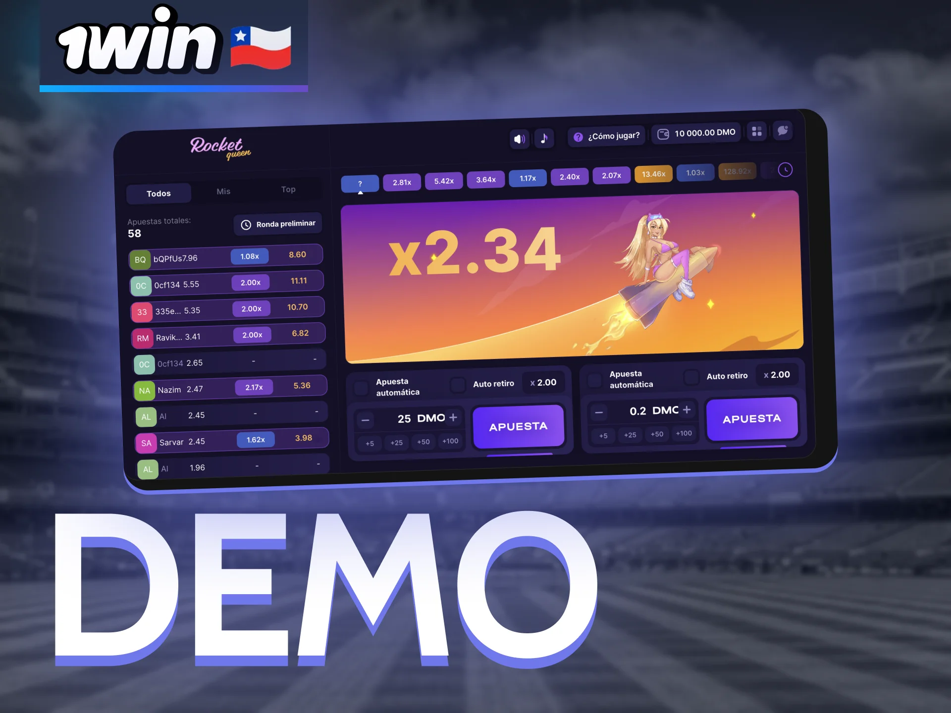 1win te da la oportunidad de probar la versión demo de Rocket Queen.