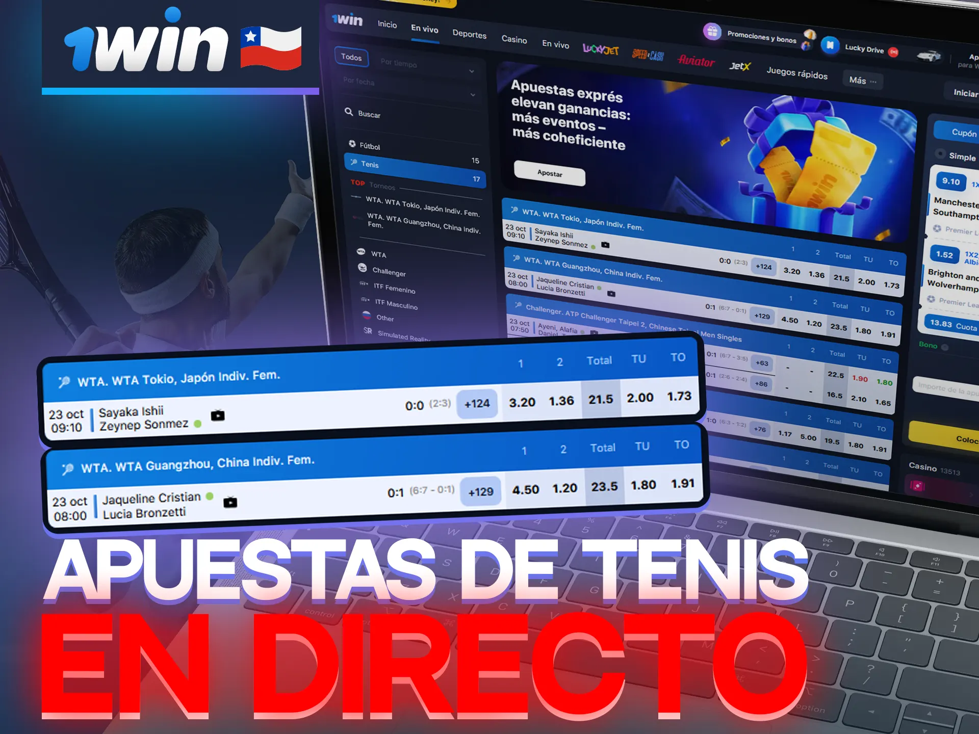 1win ofrece en Chile la retransmisión en directo de partidos de tenis.