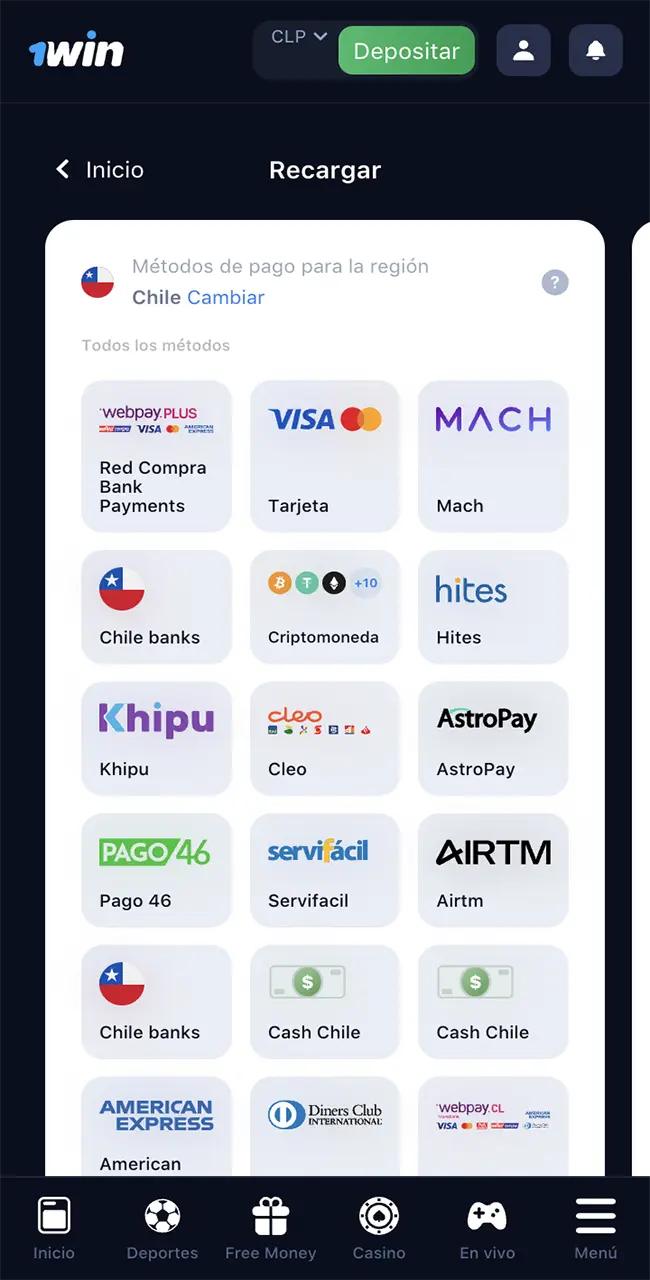 Haz un depósito en el armario personal de 1win.