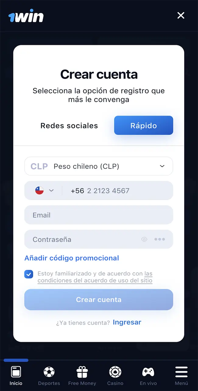 Vaya al sitio web y siga el proceso de registro de 1win.