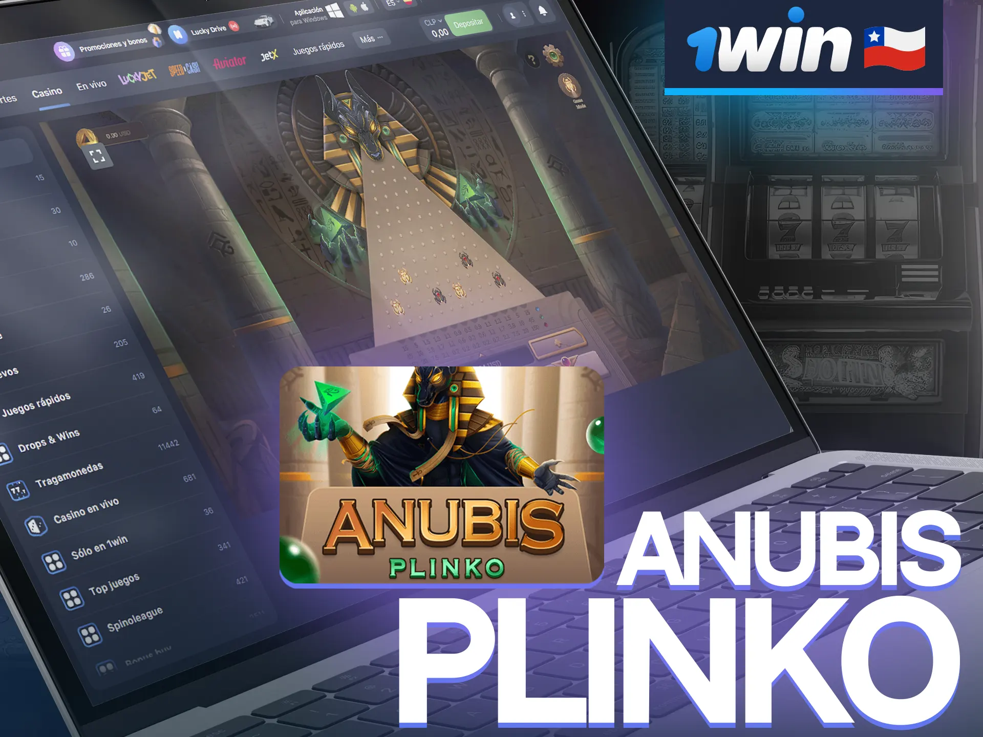 El juego Anubis Plinko en 1win involucrar en lanzar una bola al campo con escarabajos dorados y negros.